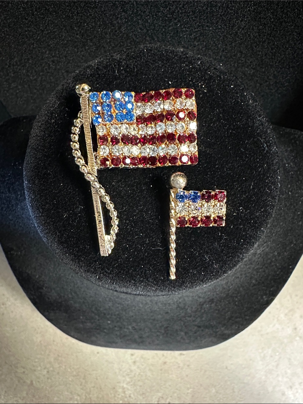 Vintage Gold-Tone Rhinestone American Flag Brooch and Pin Set